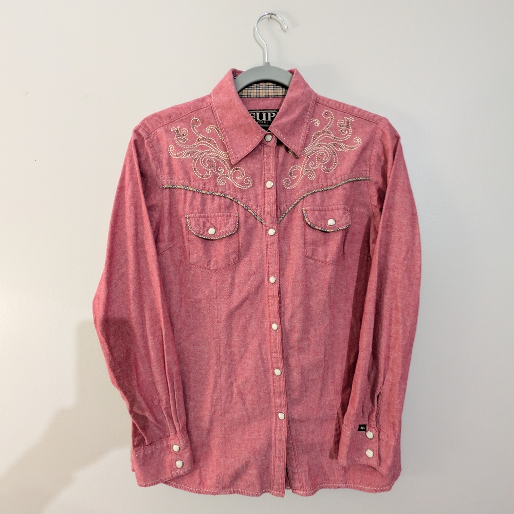 Women's Vtg Cowgirl Up Embroidered Pink Western Pearl Snap Shirt